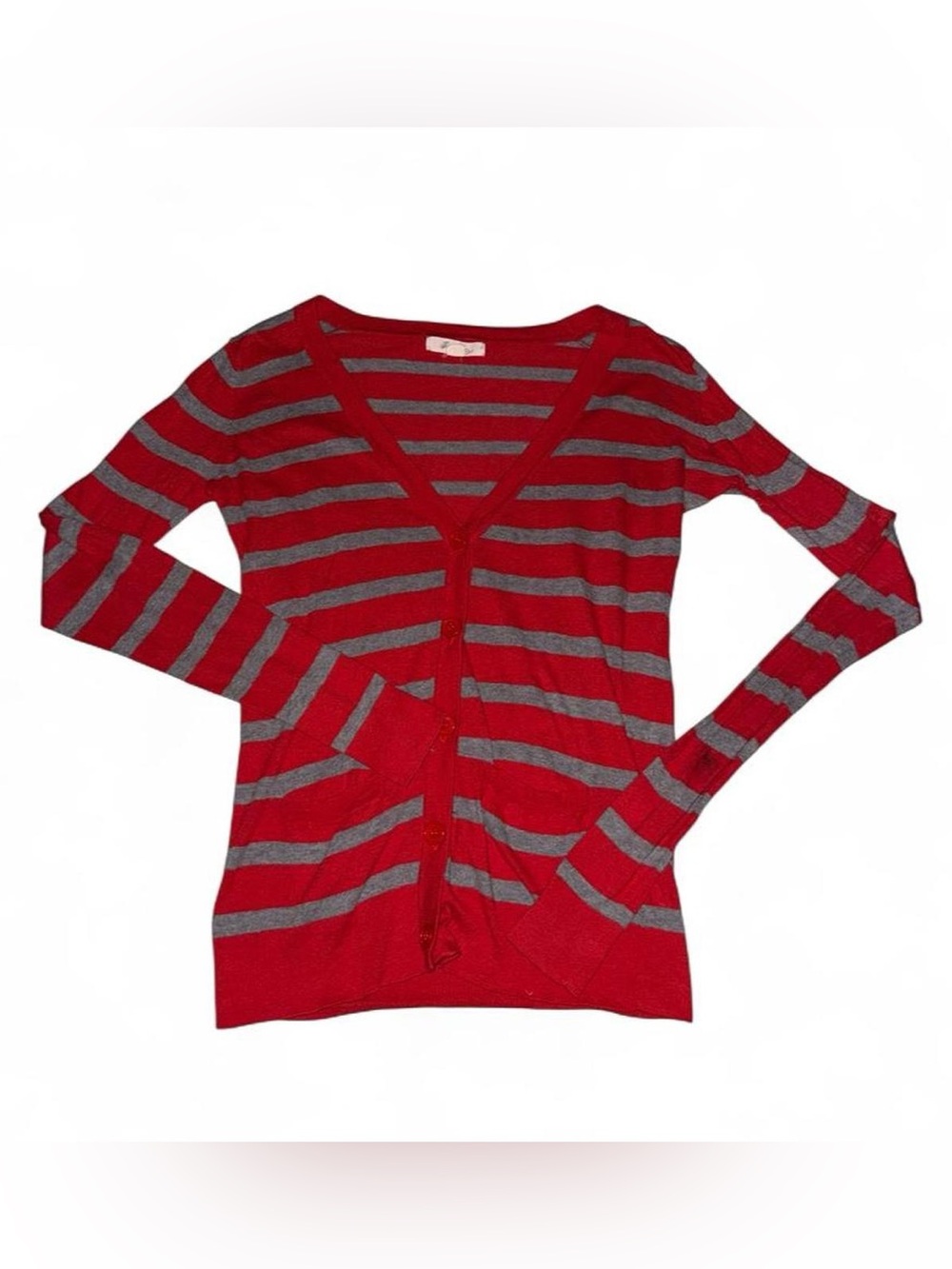 Forever 21 Red and Gray Striped V‑Neck Cardigan